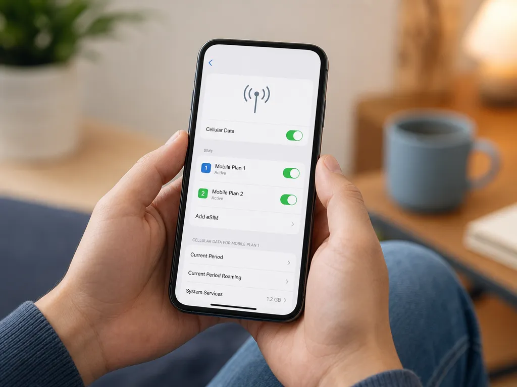 Havalimanı kapısında akıllı telefona eSIM kuran bir yolcu
